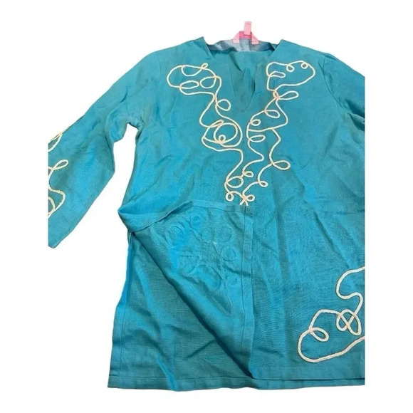 Lilly Pulitzer Turquoise Blue Linen Tunic Top With Applique Embroidery - Picture 8 of 12